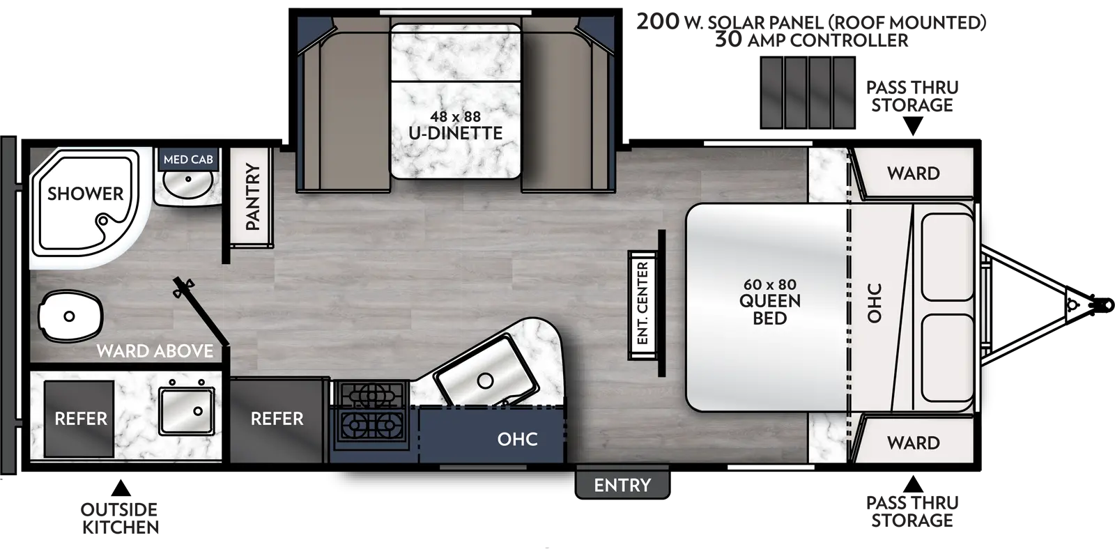 The 215RBK has one slide out on the off-door side and one entry door on the door side. Interior layout from front to back: front bedroom with foot facing queen bed, overhead cabinet, and wardrobes on either side of the bed; entertainment center; kitchen living dining area with off door side slide out containing u-dinette; door side kitchen containing sink, overhead cabinet, cook top stove, microwave cabinet, and refrigerator; pantry on off door side; and off-door side rear bathroom. Outside camp kitchen includes mini-refrigerator and single bowl sink on door side.